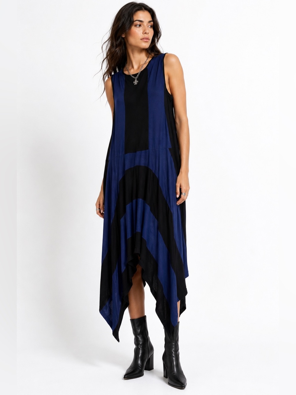 Derek Lam 10 Crosby x Athleta Blue Black Colorblock Handkerchief Midi Dress XS